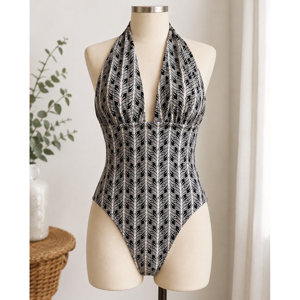 NWT CALIA Swimsuit One Piece Tummy Control Halter Palm Print Black White Sz 10